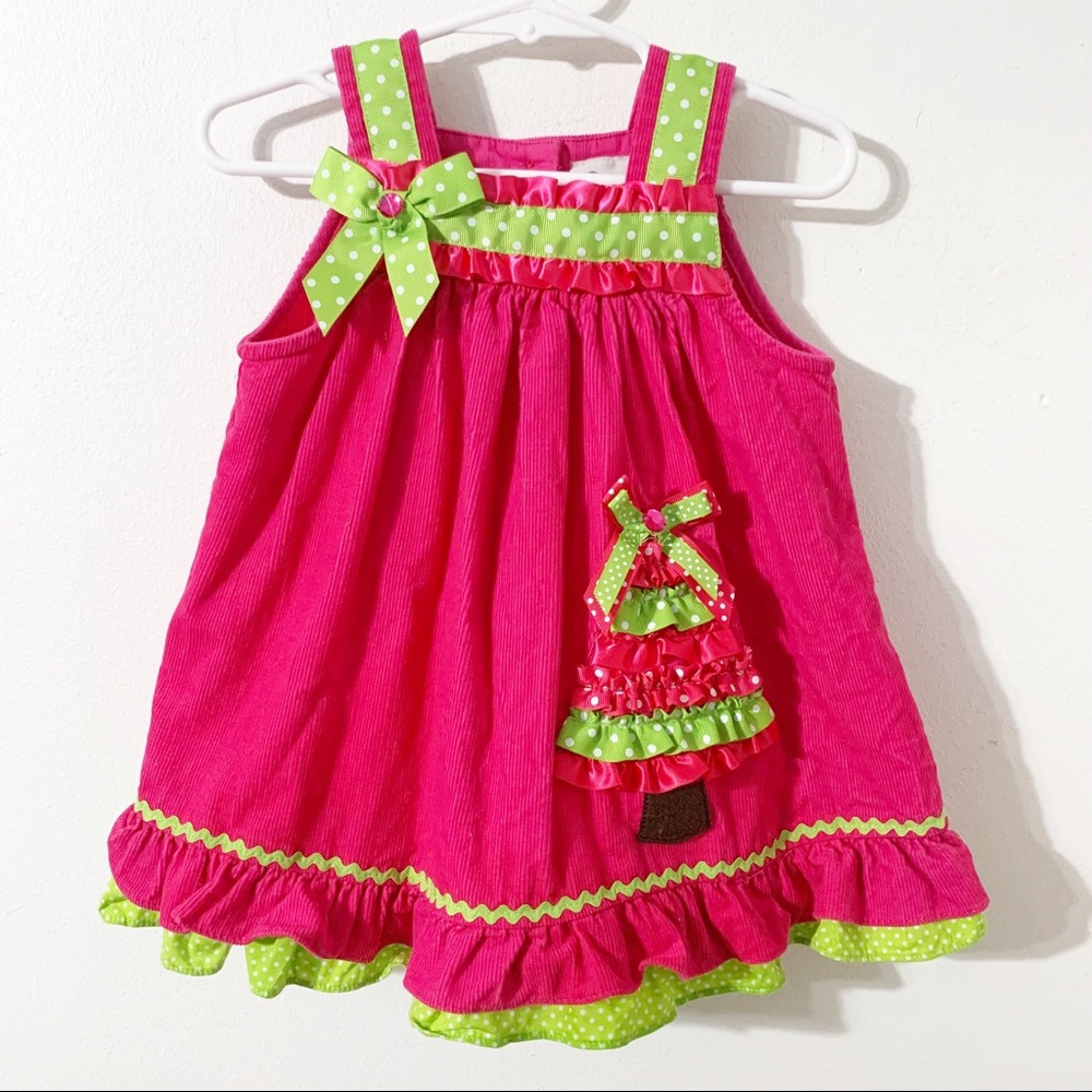 Rare Too! Pink and Green Corduroy Jumper Dress Holiday Tree Ruffled Trims Ribbon
